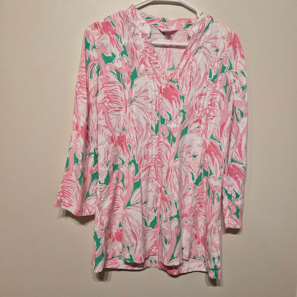 Lilly Pulitzer Small Rayon Sarasota 3/4 Sleeve Tunic Pink Flamingo Tropical